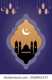 Ramadan karem decoration with crescent moon, lanterns and mosque