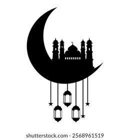 Ramadan karem decoration with crescent moon, lanterns and mosque