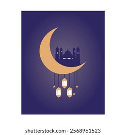 Ramadan karem decoration with crescent moon, lanterns and mosque