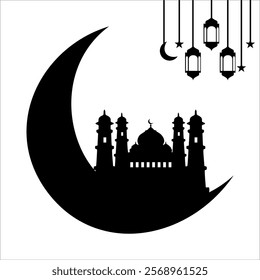 Ramadan karem decoration with crescent moon, lanterns and mosque