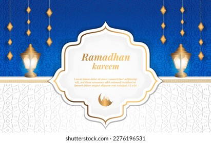 ramadan karem Grußkartendesign mit realistischer islamischer Muster und arabischer Laterne geeignet für Banner, Poster etc. Vektorgrafik.