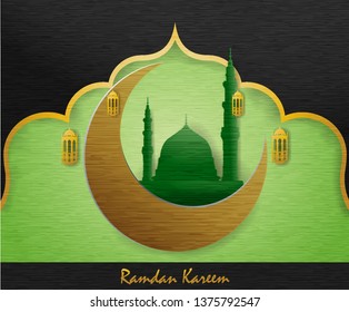 ramadan karem islamic greeting with green dome of nabawi mosque, paper art vector