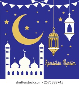 Ramadan Karim Arabic Design with moon and lanterns. Ramadan Kareem means “have a generous Ramadan”. Islamic background.