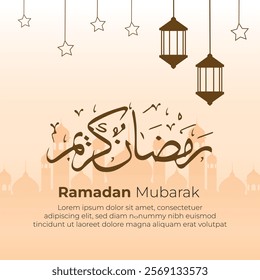 Ramadan Karim Arabic typography With moon and Islamic Background. Illustration of Islamic post with calligraphy star and Arabic lamp.