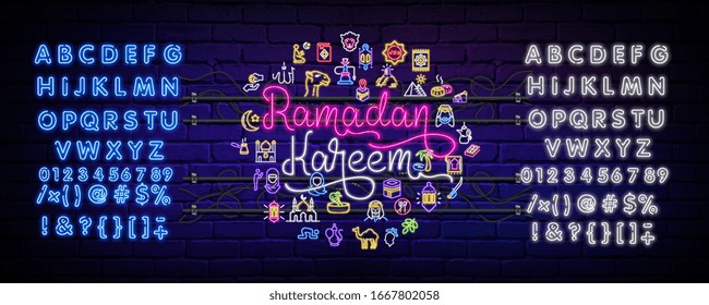 Ramadan Karim collection of neon vector icons . Leaflet design is a template for the concept of lines with colored elements. Islamic banner background design, neon symbol, modern trend design
