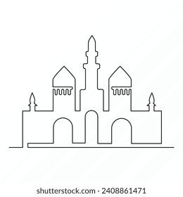 Ramadan Karim continuous single line art drawing and mosque one line vector art illustration