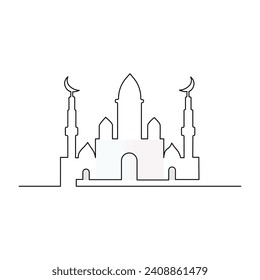 Ramadan Karim continuous single line art drawing and mosque one line vector art illustration