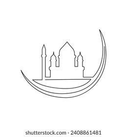 Ramadan Karim continuous single line art drawing and mosque one line vector art illustration