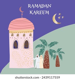 Ramadan Karim, Eid Mubarak, ilustraciones de vectores de vacaciones islámicas, tarjeta de felicitación, tarjetas de arquitectura árabe, plantilla y fondo para afiche, saludo o postal.