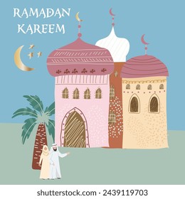 Ramadan Karim, Eid Mubarak, islamische Feiertagsvektorillustrationen, Grußkarte, arabische Architekturkarten, Vorlage und Hintergrund für Poster, Gruß oder Postkarte.