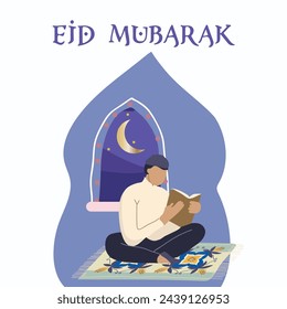 Ramadán Karim, Eid Mubarak, ilustración vectorial dibujada a mano de la fiesta islámica, tarjetas de felicitación, personas rezando, leyendo Karan, plantilla y fondo para el afiche, saludo o postal.