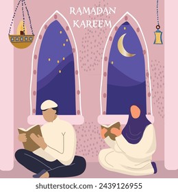 Ramadan Karim, Eid Mubarak, Islamic holiday hand drawn vector illustration, greeting cards, people praying, reading Karan, template and background for poster, greeting or postcard.