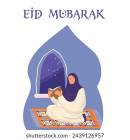 Ramadan Karim, Eid Mubarak, Islamic holiday hand drawn vector illustration, greeting cards, people praying, reading Karan, template and background for poster, greeting or postcard.