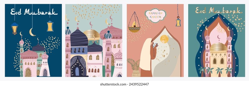 Ramadan Karim, Eid Mubarak, Islamic holiday vector illustrations, greeting card set, Arabic architecture cards, template and background for poster, greeting or postcard.