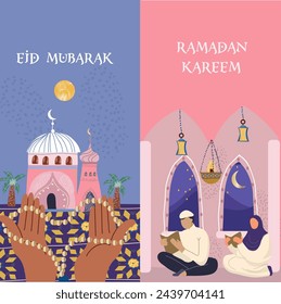 Ramadan Karim, Eid Mubarak, Islamic holiday vector illustration, vertical banner, Arabic architectural maps, hands with rosary, architecture, man and woman reading koran.