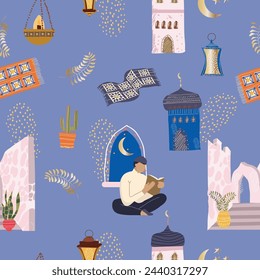 Ramadan Karim, Eid Mubarak, Islamischer Feiertag, Muster der arabischen Ornament Laterne, Mond, Sterne, Moschee, Betende Mann, Matte. Designelemente für die Begrüßungsvorlage.
