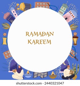 Ramadan Karim, Eid Mubarak, Islamic holiday, Ramadan Karim Arabic ornament. Ramadan template for wallpaper design. Background, circle, place for text, frame, border, backdrop.
