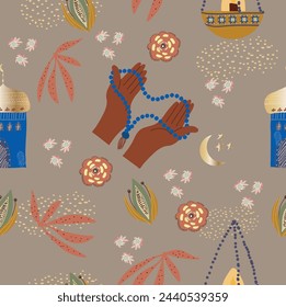 Ramadán Karim, Eid Mubarak, festividad islámica, patrón de linterna de ornamento árabe, luna, estrellas. Elementos de diseño para la plantilla de saludo. Patrón sin costuras.