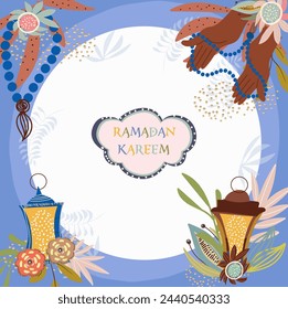 Ramadan Karim, Eid Mubarak, Islamic holiday, Ramadan Karim Arabic ornament. Ramadan template for wallpaper design. Background, circle, place for text, frame, border, backdrop.

