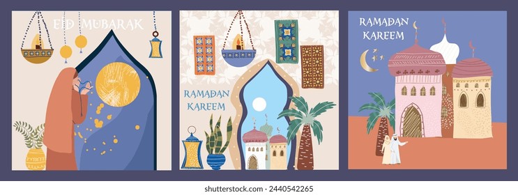 Ramadan Karim, Eid Mubarak, Islamische Feiertagsvektorillustrationen, Grußkarten-Set, Arabische Architekturkarten, Vorlage und Hintergrund für Poster, Gruß oder Postkarte, Hintergrund.