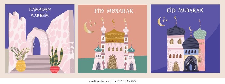 Ramadán Karim, Eid Mubarak, ilustraciones de vectores de vacaciones islámicas, conjunto de tarjetas de felicitación, tarjetas de arquitectura árabe, plantilla y fondo para póster, saludo o postal, fondo.