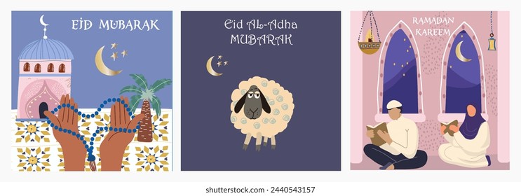 Ramadan Karim, Eid Mubarak, Islamic holiday vector illustrations, greeting cards set, Arabic architecture cards, template and background for poster, greeting or postcard, background.