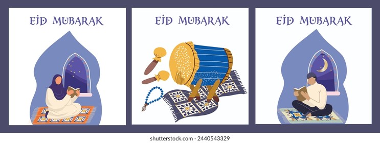 Ramadán Karim, Eid Mubarak, ilustraciones de vectores de vacaciones islámicas, conjunto de tarjetas de felicitación, tarjetas de arquitectura árabe, plantilla y fondo para póster, saludo o postal, fondo.