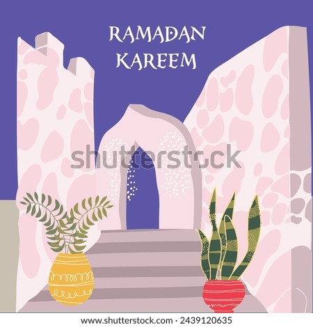 Ramadan Karim, Eid Mubarak, Islamic holiday vector illustrations, greeting card, Arabic architecture cards, template and background for poster, greeting or postcard.