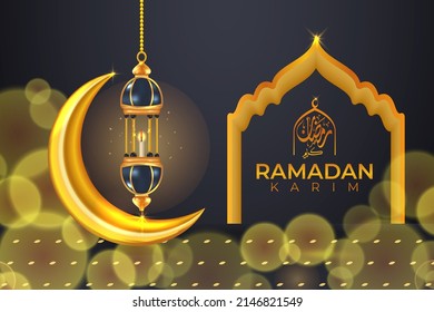 Ramadan Karim eid Mubarak luxury Islamic greeting background with golden lantern and stars