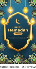 Ramadan Karim with moon,star and lanterns. Suitable for banner,greeting card,flyer. Islamic 2025 background.