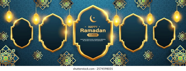Ramadan Karim with moon,star and lanterns. Suitable for banner,greeting card,flyer. Islamic 2025 background.