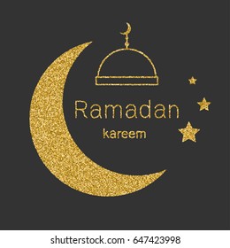 Ramadan Kerim, Arabic background with gold glitter moon. Template design for greeting card, banner, poster, invitation. Vector illustration.