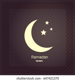 Ramadan Kerim, Eastern Arabic background with frame and white moon. Template design for greeting card, banner, poster, invitation. Vector illustration.