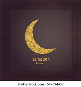 Ramadan Kerim, gold glitter moon. Template design for greeting card, banner, poster, invitation. Vector illustration.