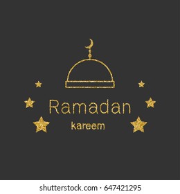 Ramadan Kerim mosque and stars. Template design for greeting card, banner, poster, invitation. Vector illustration.