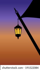 Ramadan lamp hanging from a traditional tent. Vector graphic of an illuminated Arabic decorative lamp outside tent in the night.