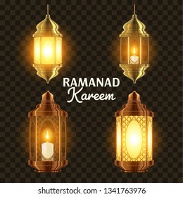 Ramadan Lamp Set Vector. Islam. Kareem Lamp. Lantern Design. Mubarak Night. Ramazan Greeting Design. Muslim Fanous, Fanoos. Islamic Season Invitation Banner Element. 3D Realistic Illustration