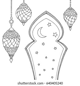 Ramadan lamps graphic moon star black white sketch illustration vector