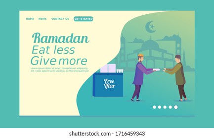 Ramadan landing page with man giving food to an other in month of Ramadan for breaking the fast 