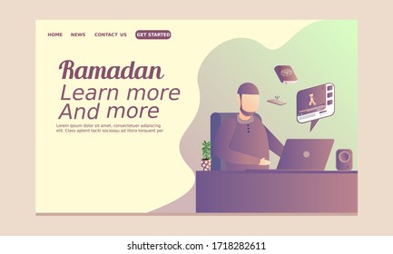Ramadan landing page with man watching video online to learn