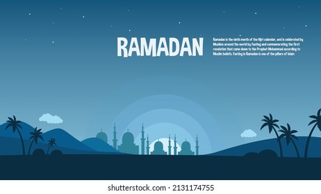 ramadan landscape background in blue with copy space, ramadan background illustration landscape