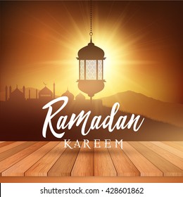 Ramadan landscape background with hanging lantern and wooden display table