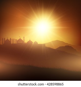 Ramadan landscape background with mosques at susnet