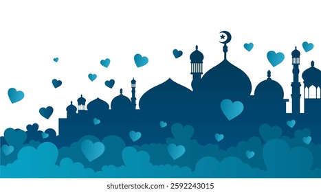 Ramadan landscape vector illustration design. Mosque silhouette. Mosque landscape for illustration, background or ramadan. Eid al-Fitr event with a blue base color 696