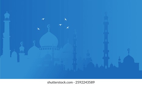 Ramadan landscape vector illustration design. Mosque silhouette. Mosque landscape for illustration, background or ramadan. Eid al-Fitr event with a blue base color 652