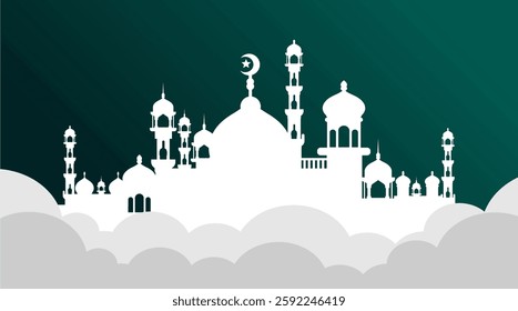 Ramadan landscape vector illustration design. Mosque silhouette. Mosque landscape for illustration, background or ramadan. Eid al-Fitr event with a green base color 693