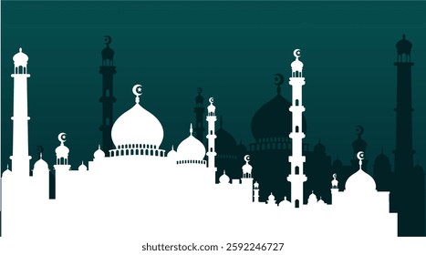 Ramadan landscape vector illustration design. Mosque silhouette. Mosque landscape for illustration, background or ramadan. Eid al-Fitr event with a green base color 650