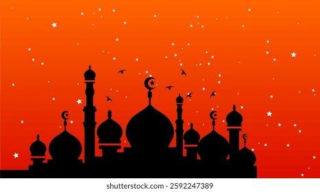 Ramadan landscape vector illustration design. Mosque silhouette. Mosque landscape for illustration, background or ramadan. Eid al-Fitr event with an orange base color 664
