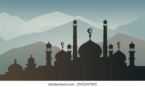 Ramadan landscape vector illustration design. Mosque silhouette. Mosque landscape for illustration, background or ramadan. Eid Al-Fitr event 704