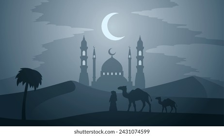 Ilustración vectorial de paisaje de Ramadán. Silueta de la mezquita por la noche con camello y musulmán en el desierto. Paisaje de la mezquita para la ilustración, fondo o ramadán. Paisaje de Eid Mubarak para el evento de Ramadán